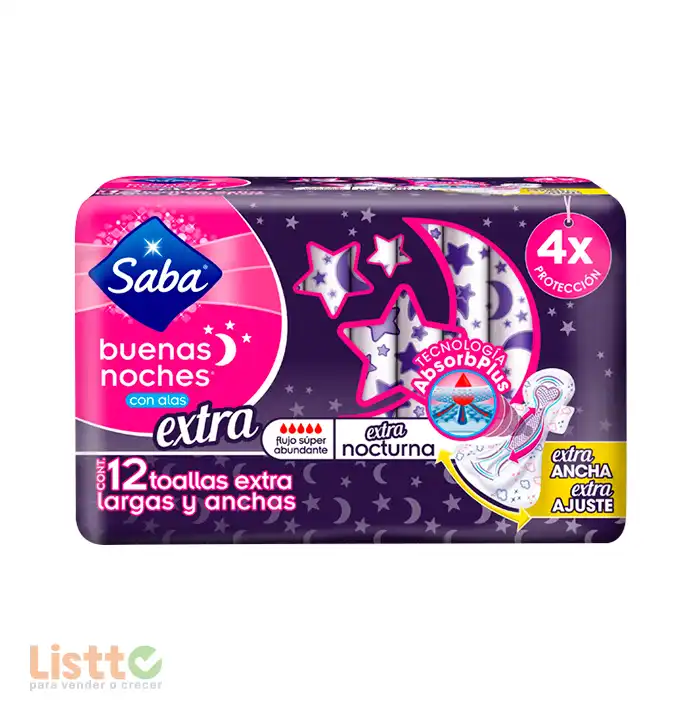 Toalla Sanitaria Saba Buenas Noches Extra Larga con Alas 12 pz.