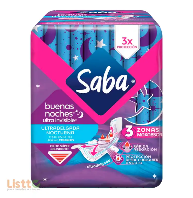 Toalla Sanitaria Saba Ultra Buenas Noches con Alas 10 pz.
