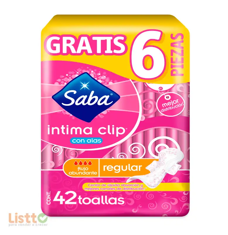 Toalla Sanitaria Saba Intima Clip Regular con Alas 42 pz.