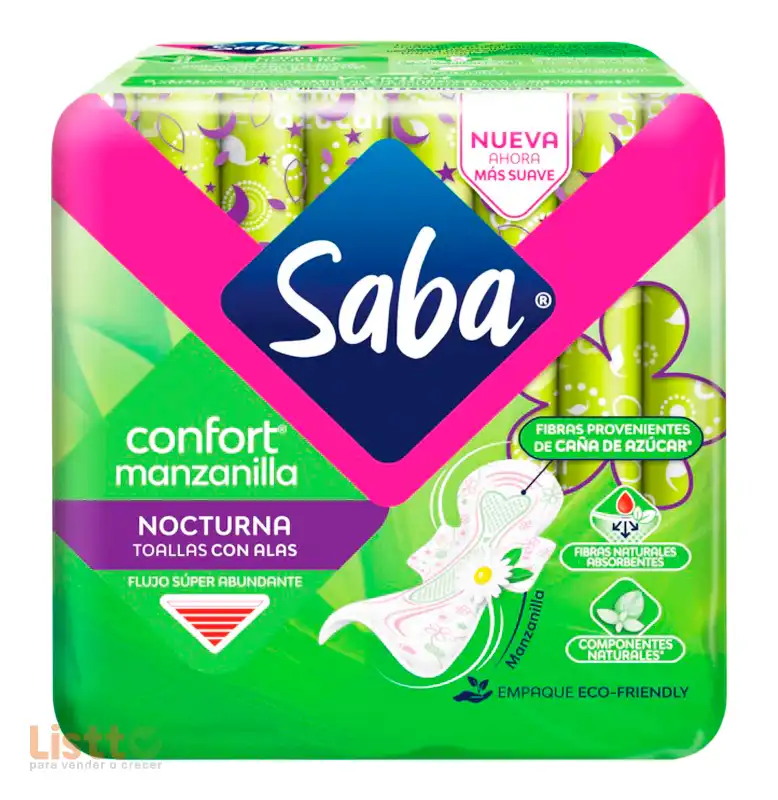 Toalla Sanitaria Saba Confort Manzanilla Nocturna con Alas 8 pz.