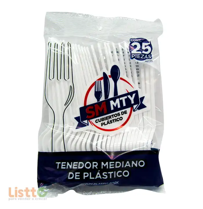 Tenedor Plastico Smmty Blanco Mediano 25 Pz.