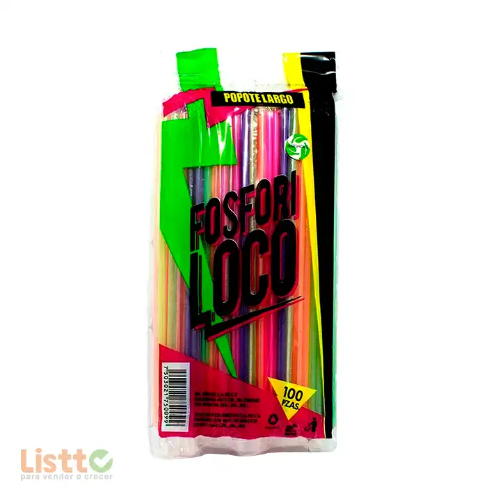Popote Fosforiloco Largo Estuchado 100 pz.