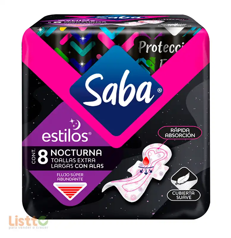 Toalla Sanitaria Saba Estilos Nocturna con Alas 8 pz.