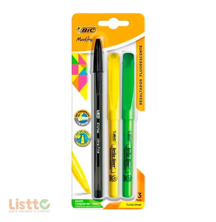 Resaltador Bic Amarillo/Verde + Bolígrafo.
