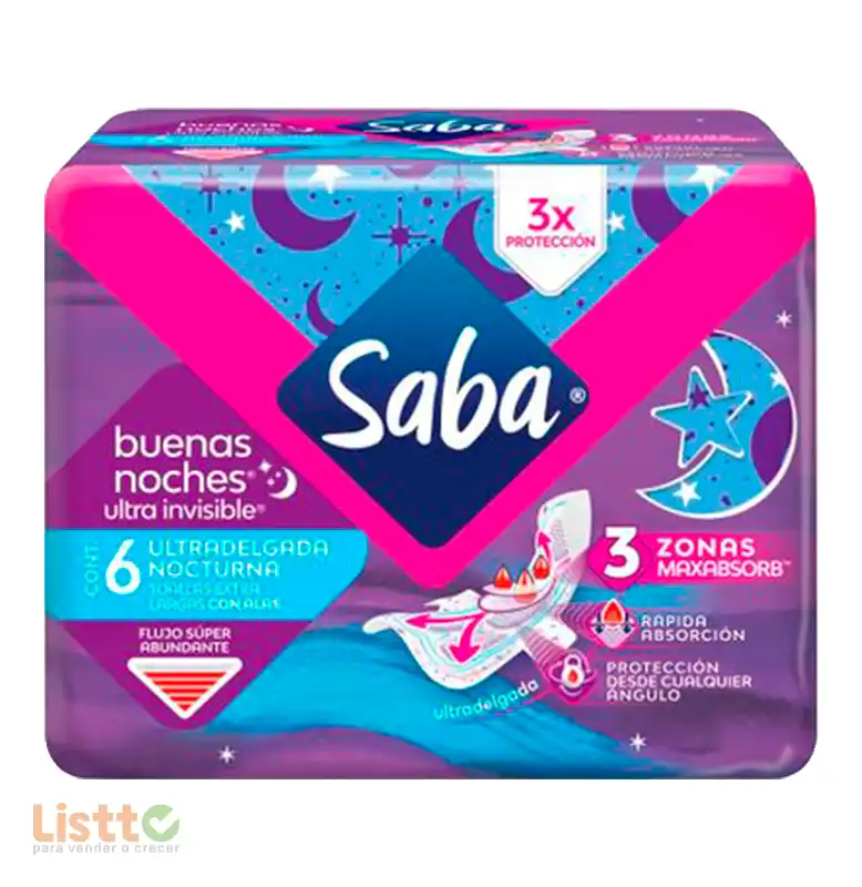 Toalla Sanitaria Saba Ultra Invisible Nocturna con Alas 6 pz.