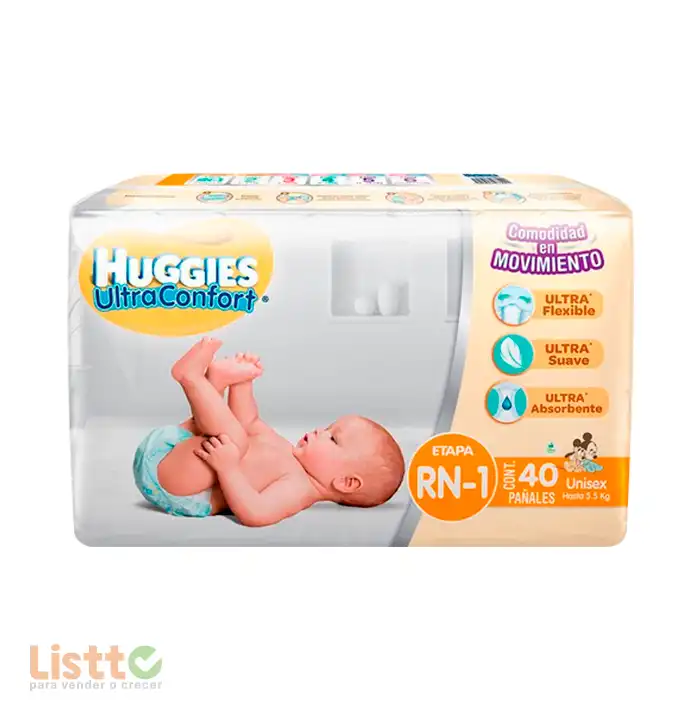 Pañal Huggies Ultraconfort Unisex Recién Nacido 40 pz.