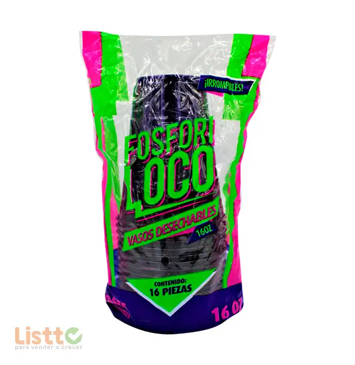 Vaso Plástico Fosforiloco Colores 16 Pz.