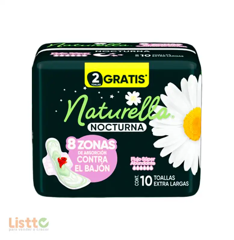 Toalla Sanitaria Naturella Nocturna con Alas 8 pz. + 2 Gratis.