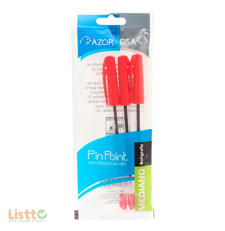 Bolígrafo Azor Pin Point Rojo 3 Pz.