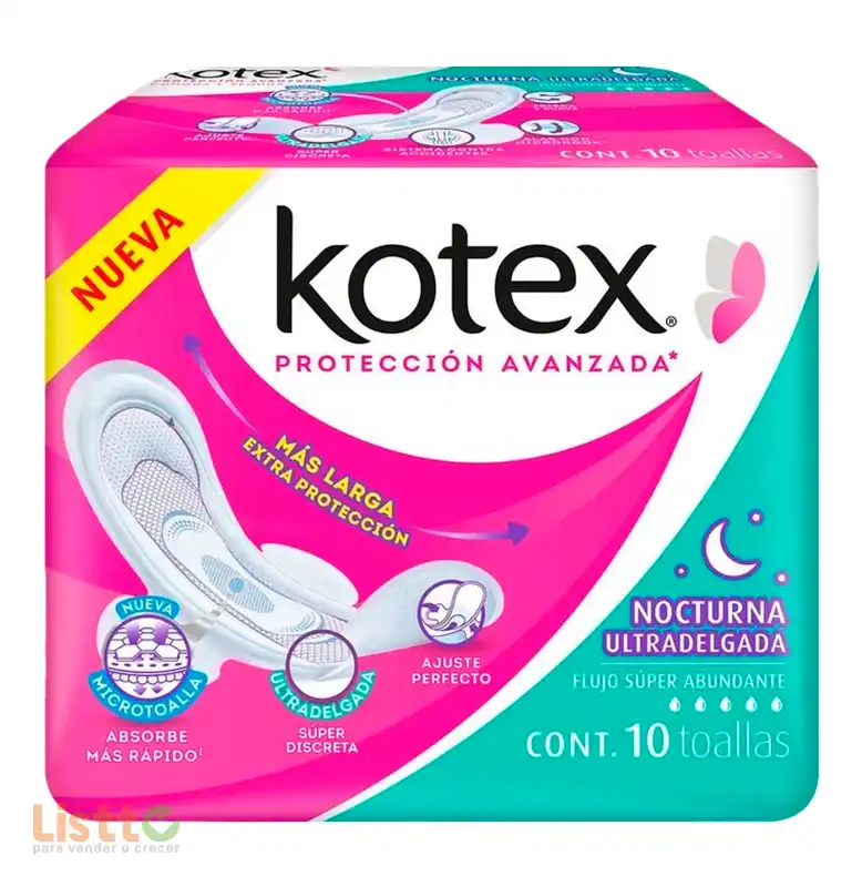 Toalla Sanitaria Kotex Nocturna Ultra Delgada con Alas 10 Pz
