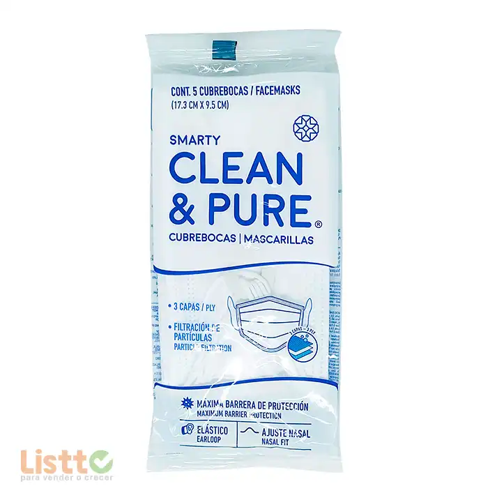 Cubrebocas Smarty Clean & Pure 5 pz.