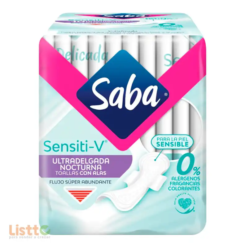 Toalla Sanitaria Saba Sensiti-V Ultradelgada Nocturna 10 pz.