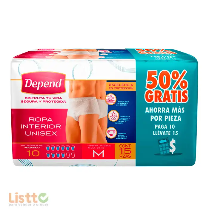 Pañal Depend Ropa Interior Unisex Mediano 10 pz. + 50% Gratis