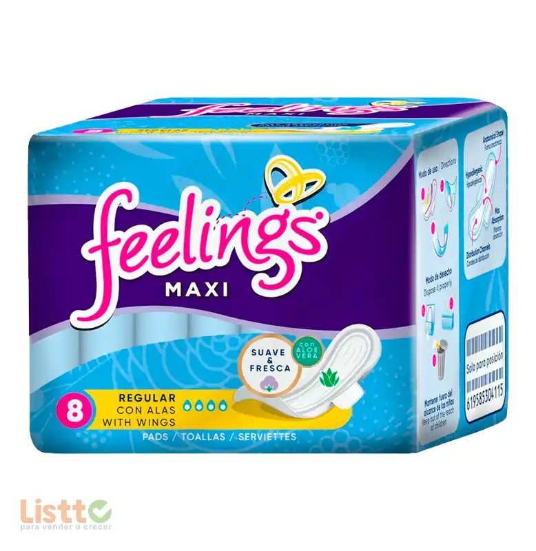 Toalla Sanitaria Feelings Maxi Regular con Alas 8 pz.
