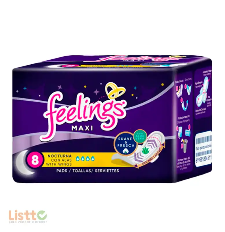 Toalla Sanitaria Feelings Maxi Nocturna con Alas 8 pz.