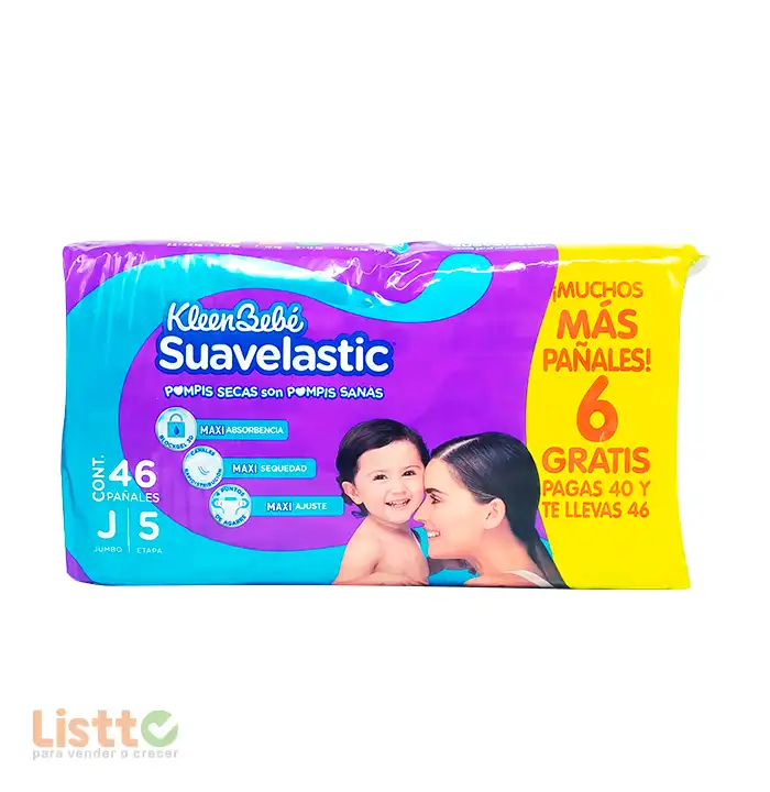 Pañal Kleen Bebé Suavelastic Jumbo 40+6 pz.