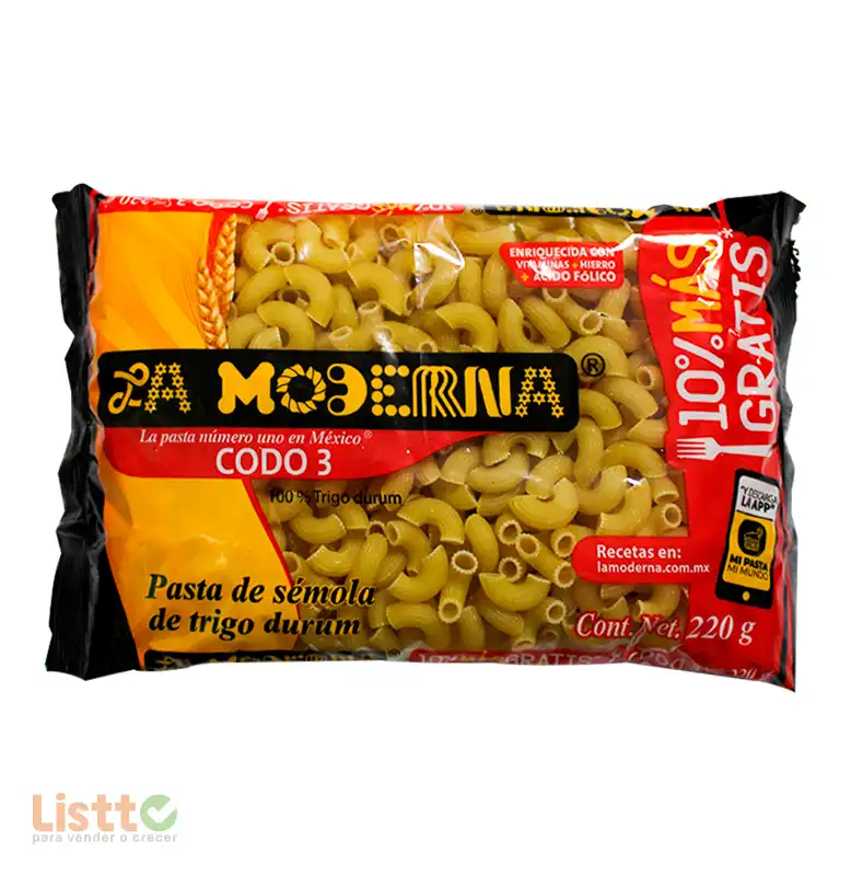 Pasta La Moderna Codo Número 3 Va 200 Gr+10% Gratis