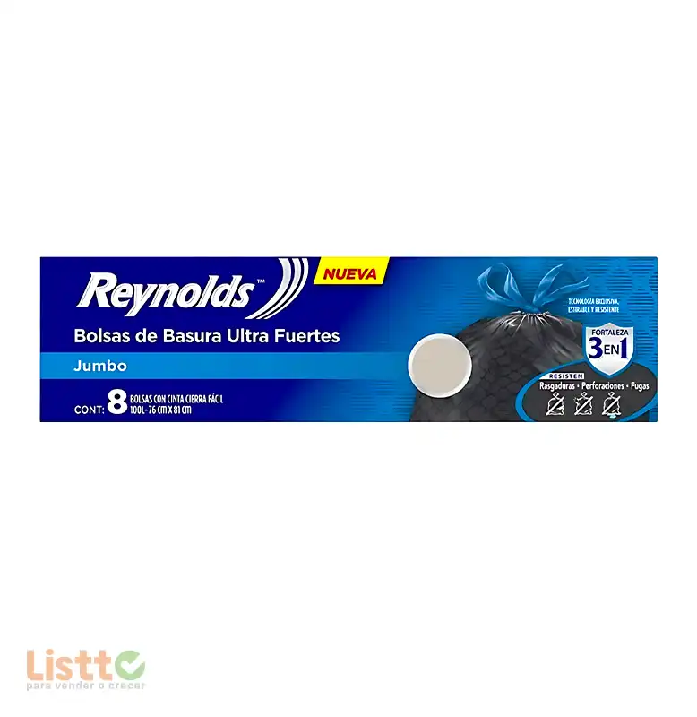 Bolsa para Basura Reynolds Negra Jumbo 8 Pz.