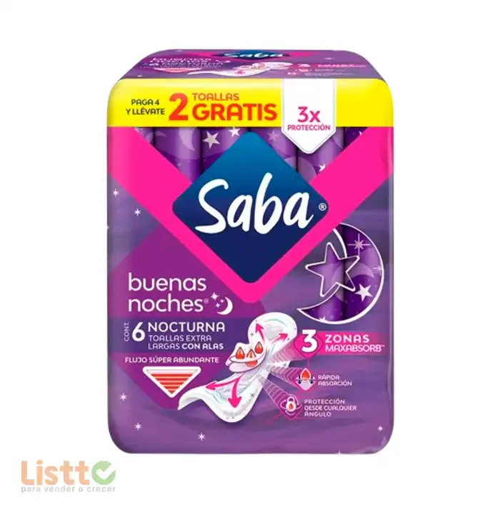 Toalla Sanitaria Saba Buenas Noches Extra Larga 4 PZ+2